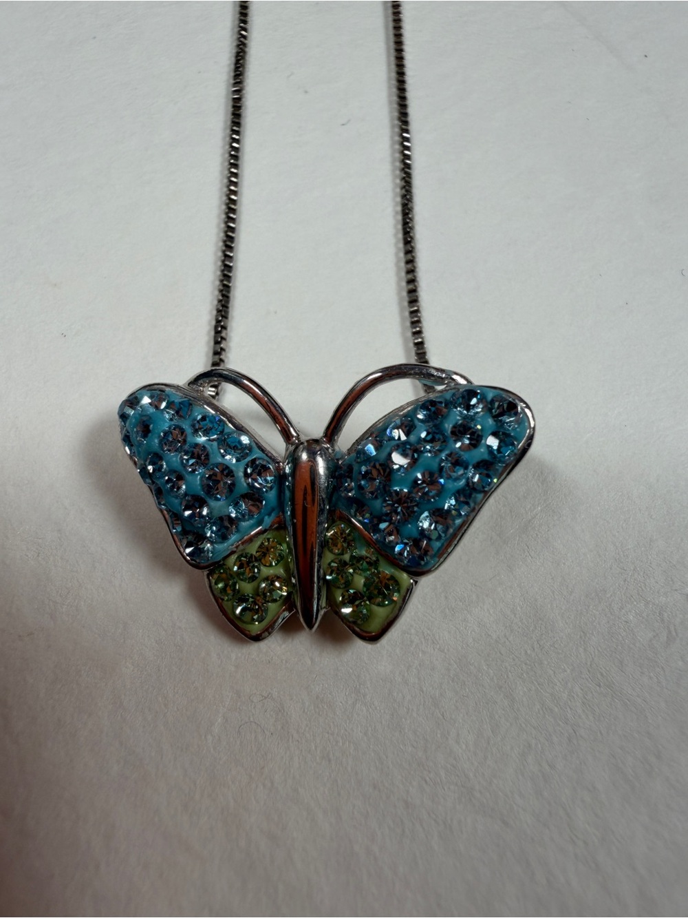Silver Necklace with Blue Crystal Butterfly Pendant